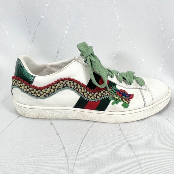 Gucci White Sneakers with Green Laces and Dragon Embroidery - Picture 6 of 14